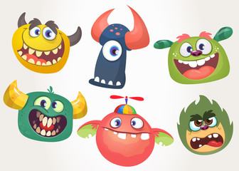 Cartoon Monsters set for Halloween. Vector set of cartoon monsters isolated. Design for print, party decoration, t-shirt, illustration, emblem or sticker