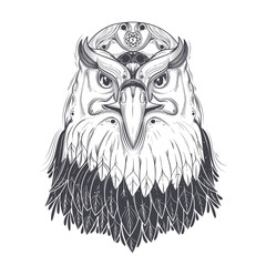 Bald eagle head with nine-pointed star and runic lightning bolt symbol on forehead line art drawn vector illustration isolated on white background. Predatory bird with pagan ornament for tattoo, print