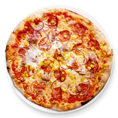 Salami nad sweetcorn pizza isolated on white from above.