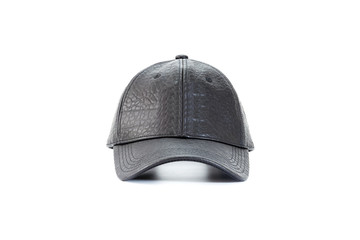 Front view of black leather baseball caps isolated on white background, concepts of beauty, fashion and sport object.