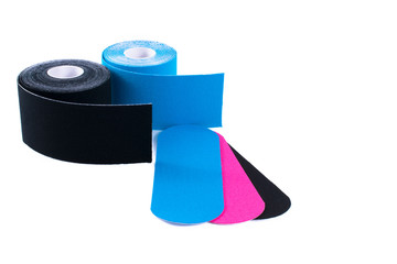 colorful kinesiology tape. Physiotherapy and therapeutic tape for wrist pain, aches and tension....
