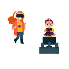 vector flat cartoon teen boy playing video console game by joystick sitting near tv panel stand, kid girl using vitrual reality glasses. Isolated illustration on a white background.