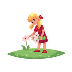 vector flat cartoon teen children - girl collecting field flowers - chamomile, cornflowers at summer. Kids at farm concept. Isolated illustration on a white background.