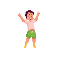 vector flat cartoon style cheerful small boy kid in green shorts jumping smiling with arms outstretched. Isolated illustration on a white background.