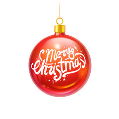 realistic glossy christmas ball with handwritten lettering