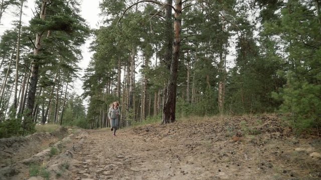 A runner runs through a pine forest.