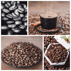 Photo collage with coffee. Coffee beans close-up. Roasted black coffee in a plate. Heart in coffee foam.