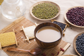 Healthy eating.  Black rice , rice, millet, beans, goji (wolfberry)， and grind up those to make some kind of healthy food flour. It is a popular food in China, and named wugufen. 