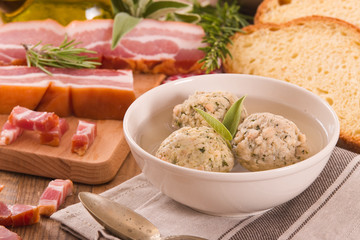Canederli pasta with bacon. 