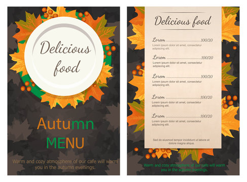 Autumn menu. Plate with yellow leaves Rowan. On a wooden table.