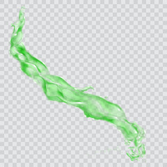 Transparent water jet or splash with water drops in green colors, isolated on transparent background. Transparency only in vector file