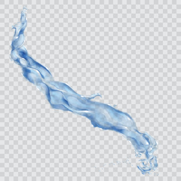 Transparent water jet or splash with water drops in blue colors, isolated on transparent background. Transparency only in vector file