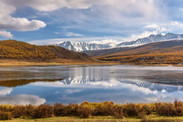 lake mountains reflection ice autumn