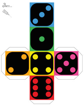 Dice template - construction sheet of a colorful cube to make a three-dimensional handicraft work out of it. Isolated vector illustration on white background.