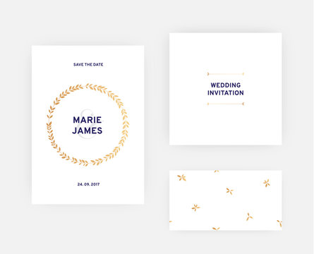 Modern wedding card template with gold floral wreath, flyer with design element and seamless pattern. Vector illustration