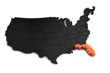 United States of America, 3d black map, with Florida state highlighted in orange. 3d render