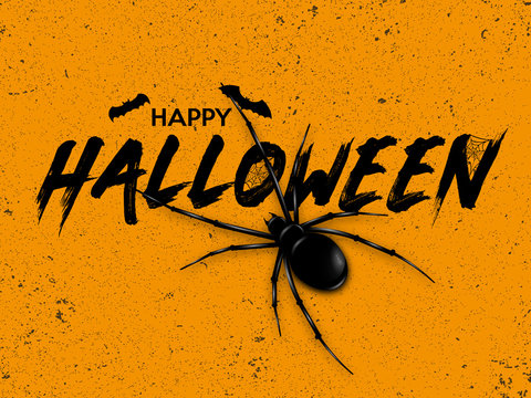 Happy Halloween text banner. Vector illustration of Halloween signs and symbols on orange background.