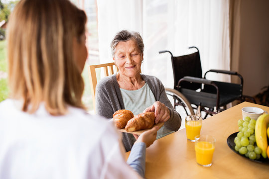 Health visitor and a senior woman during home visit.