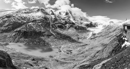 Kaiser Franz Josef glacier panorama. Grossglockner, Austrian Alps. Black and white.