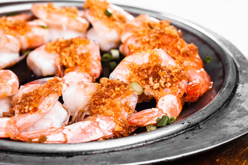 Cooked king prawns on a plate, Asian food