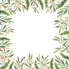Fototapeta na wymiar Watercolor illustration. Pre made Christmas frame. Perfect for invitations, greeting cards, prints, packaging and more. Merry christmas and happy new year
