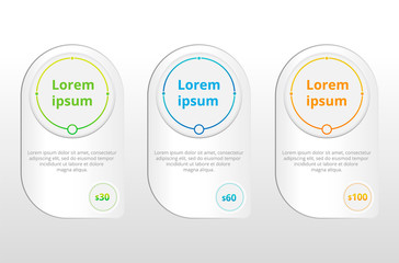 three tariffs UX. Interface for the site. Vector banner for web app. Pricing table, banner, order, box, button, list and bullet with plan for website.