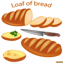 Loaf of bread. Loaf sliced for sandwiches. Cheese sandwich. Bread with butter. Vector illustration for recipe, menu restaurant, kitchen interior design.