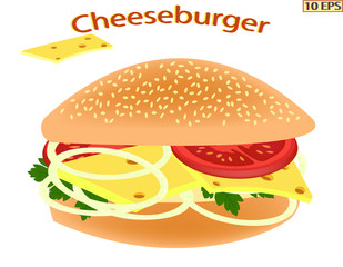 Cheeseburger. Bun with smoked ham and cheese. Hamburger. Sandwich with tomato and smoked meat. Sandwich with butter, herbs, tomato and smoked pork. Vector illustration.