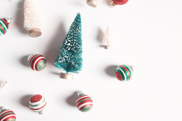 Collection of Christmas trees and ornaments from top view