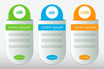 three tariffs UX. Interface for the site. Vector banner for web app. Pricing table, banner, order, box, button, list and bullet with plan for website.