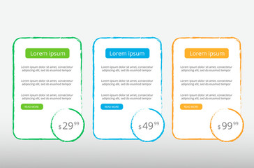 three tariffs UX. Interface for the site. Vector banner for web app. Pricing table, banner, order, box, button, list and bullet with plan for website.