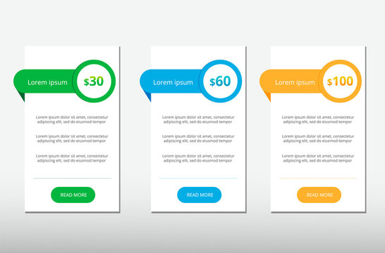 three tariffs UX. Interface for the site. Vector banner for web app. Pricing table, banner, order, box, button, list and bullet with plan for website.