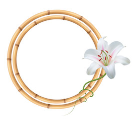 Realistic bamboo frame with white lily. 