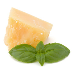 One parmesan cheese shred and basil leaf isolated on white background cutout