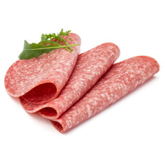Salami smoked sausage slices isolated on white background