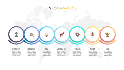 Business process. Timeline infographics with 7 steps, options, circles. Vector template.