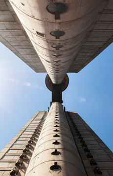 Abstract view from down on housig block tower from socialsm era,Belgrade.