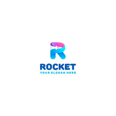 Rocket logo. Colorful R letter with rocket and stars in the negative space.