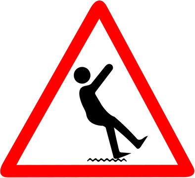 wet ground danger of falling warning.Red triangular warning symbol sign on white background