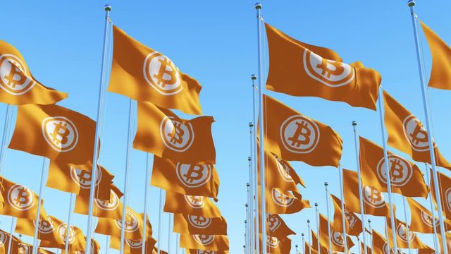 Many flags with a bit coin sign against blue sky background. Three dimensional rendering 3D animation.