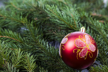 Obraz na płótnie Canvas Christmas decorations on spruce branches.
