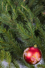 Christmas decorations on spruce branches.