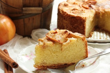 Homemade German apple cake on white background / Thanksgiving dessert