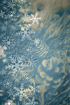 Stylish Christmas background with pine cones and snowflakes in duotone. Abstract decorative background.