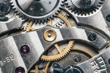 Mechanical clock mechanism in motion macro