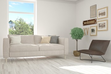 Idea of white room with sofa and summer landscape in window. Scandinavian interior design. 3D illustration