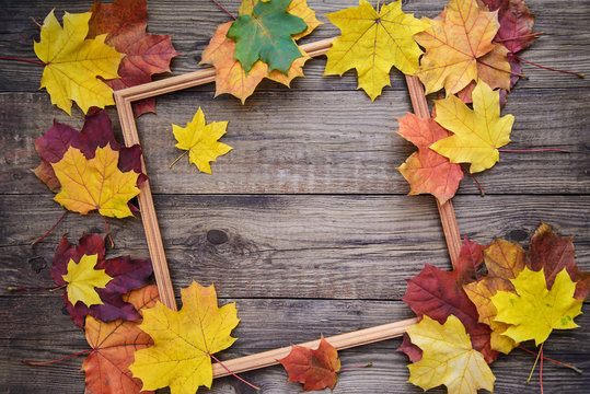 Autumn picture of yellow leaves and wooden frame