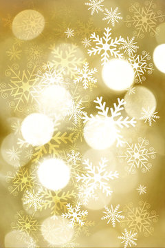 Golden blurred bokeh lights for Christmas and New Year celebration. Magical abstract glittery backgroun with falling snowflakes.