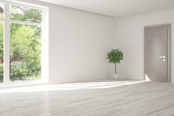 White empty room with summer landscape in window. Scandinavian interior design. 3D illustration
