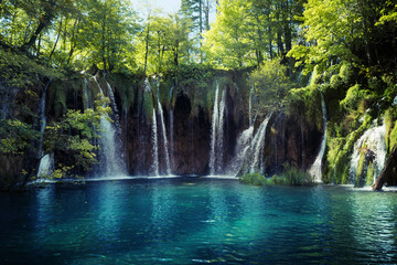 waterfall in forest, Plitvice Lakes, Croatia